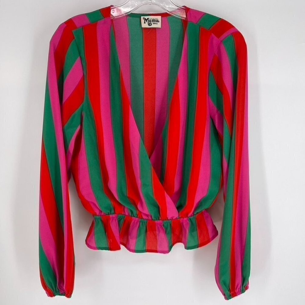 Show Me Your Mumu Sz S Pink Green Stripe Faux Wrap LS Richie Chiffon Top